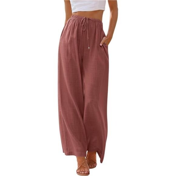 Women’s Linen Palazzo Pants – Flowy Wide Leg Beach Pants with Pockets - Picture 1 of 6